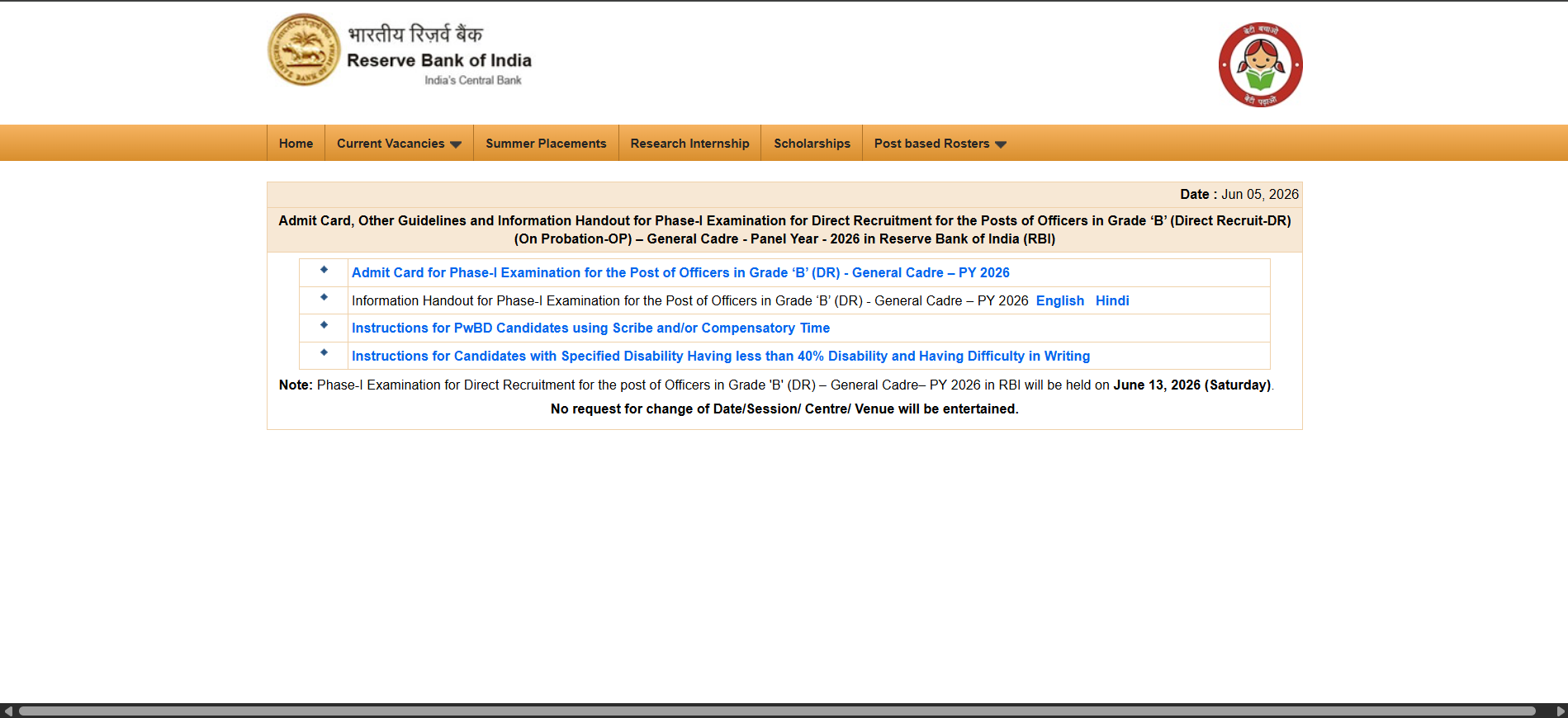 RBI Grade B Admission Letters Link